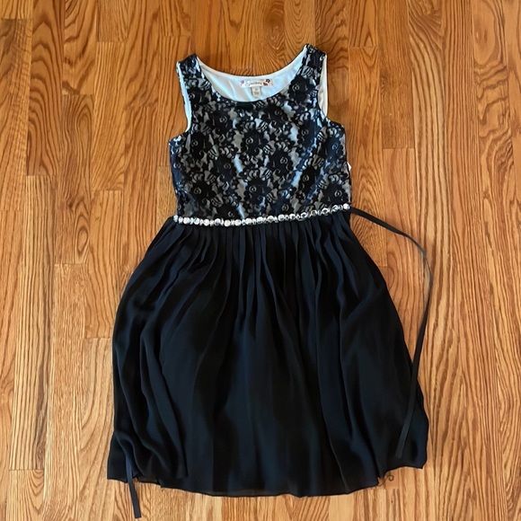 Black Dress; lace top, gems on midline, pleated chiffon skirt, bow in back (s10) - Picture 3 of 6